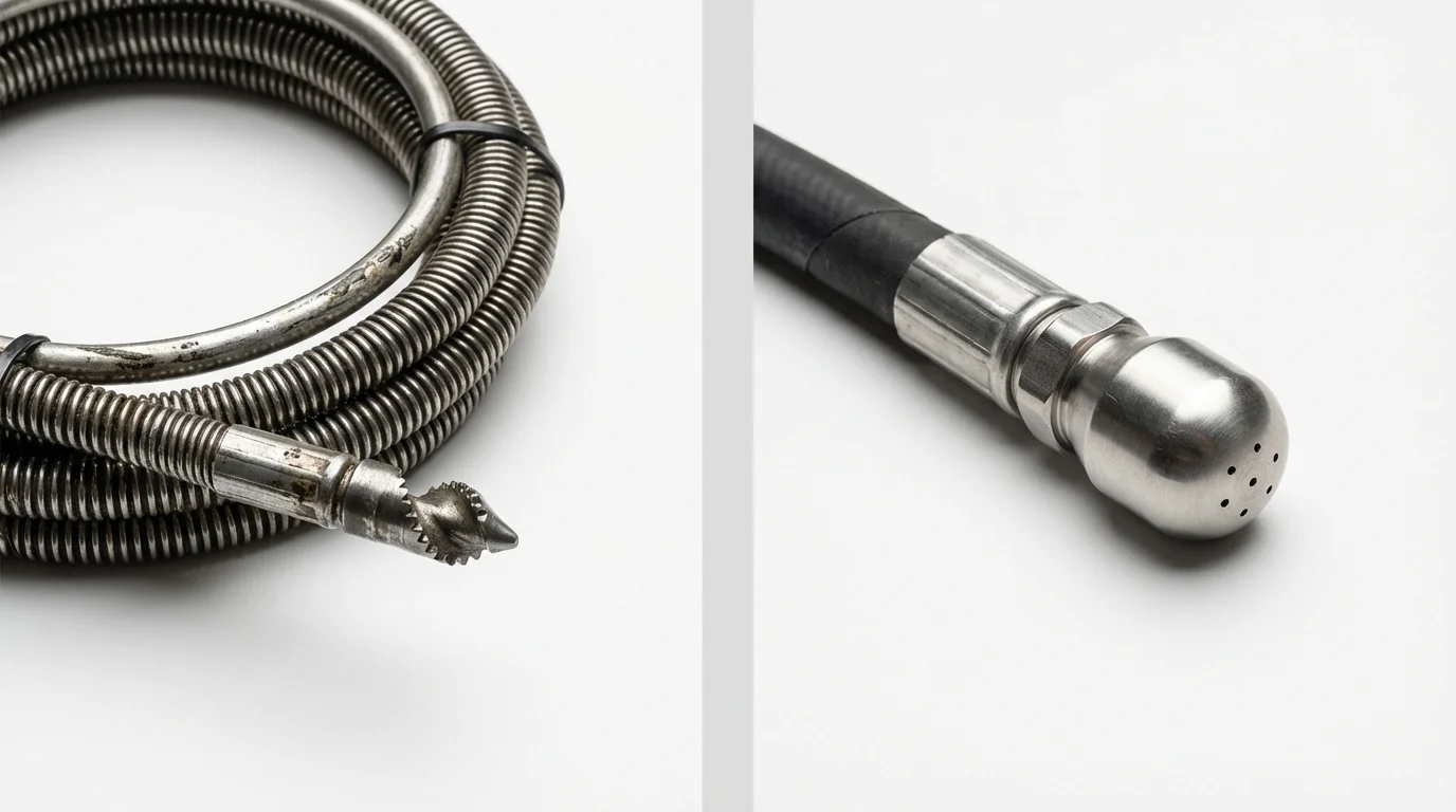 Drain snake cable and hydro jetting nozzle used for drain cleaning in Newark, DE