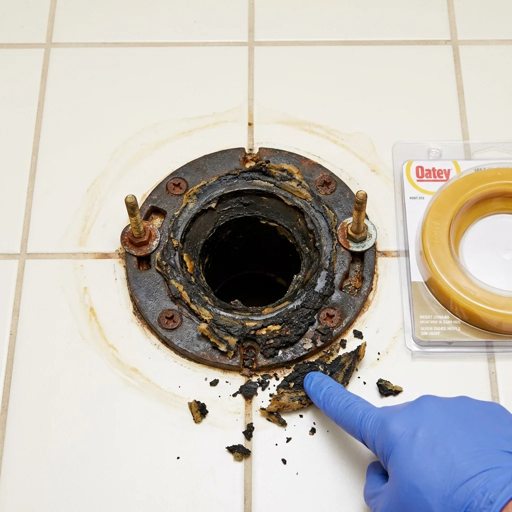 Failed wax ring showing water seepage at the base of a toilet in a Newark, DE home
