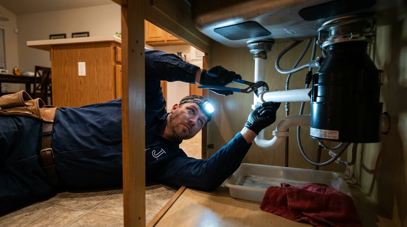 P-trap and supply line connections under a kitchen sink showing a common leak point in Newark, DE